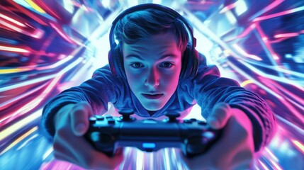 Vibrant view of focused young man with headphones in neon-lit gaming room, playing video games with wireless controller, immersive digital atmosphere, ample empty space for text.