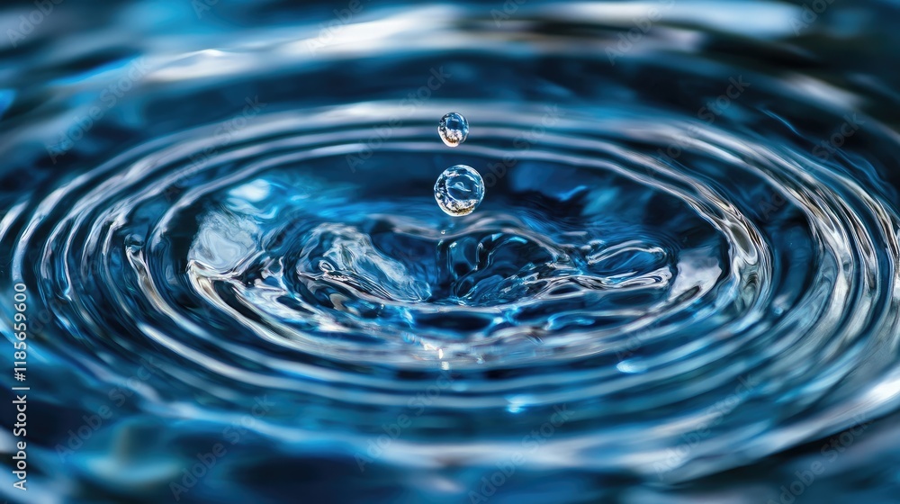 Poster vibrant blue water ripples with droplet creating circular patterns in liquid surface reflection