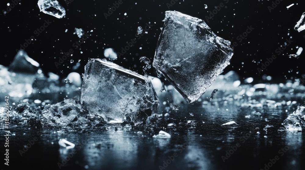 Poster floating ice shards creating dynamic splashes and reflections in dark water, highlighting texture an