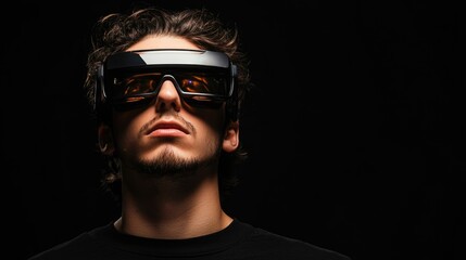 Obraz premium Young man wearing 3D virtual reality glasses in black setting with dramatic lighting and large empty space for text or graphics, showcasing futuristic technology.