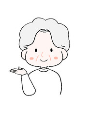 注目して欲しいところを手で示すかわいいおばあちゃん