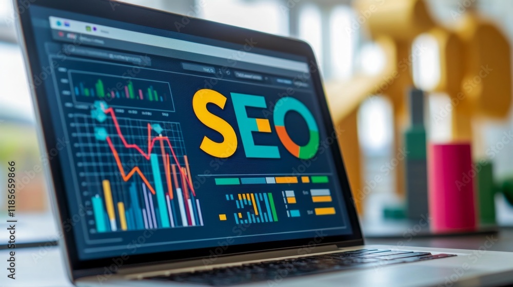 Poster analyzing seo trends business strategies digital marketing data insights office environment visual p