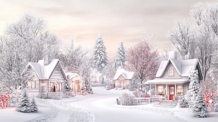 Naklejka premium Winter wonderland scene with charming snow-covered houses in a serene village landscape