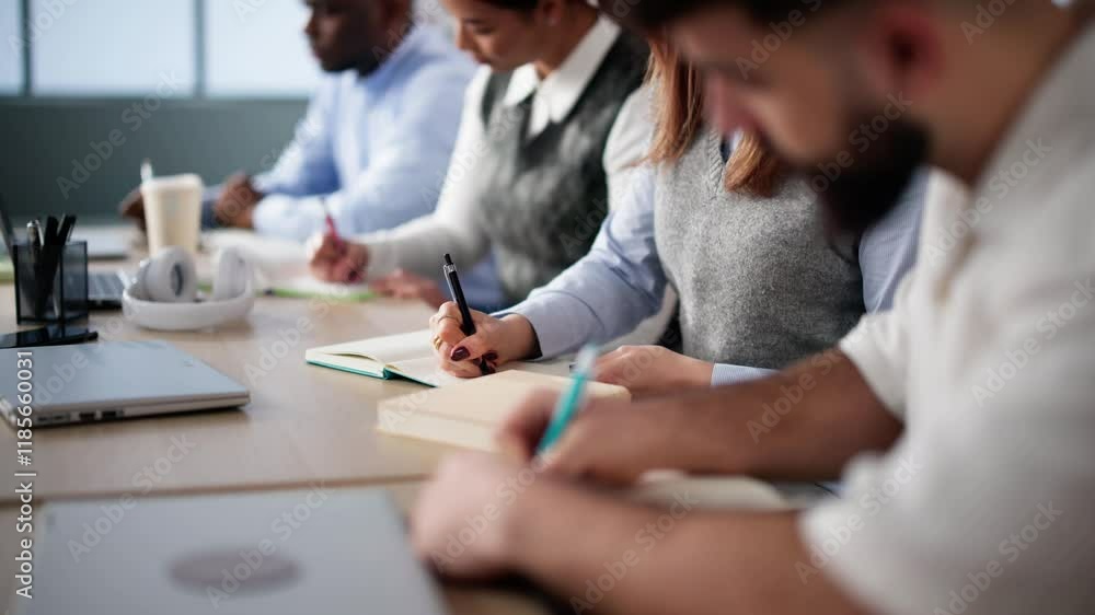 Poster studying in classroom at campus. students writing