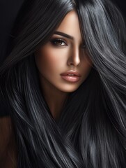 Sensual portrait of young woman with long dark hair and captivating gaze against black background emphasizing facial features and beauty.