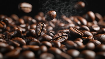 Fototapeta premium Coffee bean falling action coffee shop food photography dark environment close-up view freshness concept