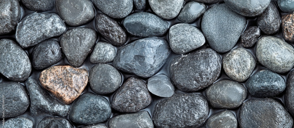 Poster zen inspired gray pebbles with water drops serenity and wellness concept top view of smooth stones o