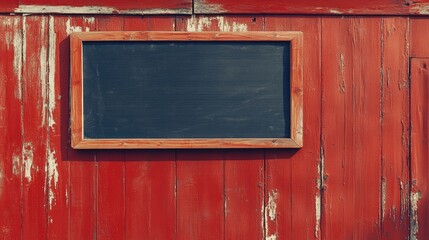 Blank Chalkboard Frame on Weathered Red Wooden Wall with Copy Space for Text, Rustic Setting, Horizontal Orientation, Vintage Aesthetic, Warm Tones © The 2R Artificiality