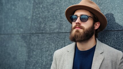 Stylish Bearded Man in Hat and Sunglasses Against Urban Wall with Space for Copytext