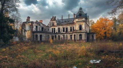 Obraz premium Abandoned palace ruins surrounded by overgrown grass and trees showcasing the beauty of decay and nature reclaiming its space