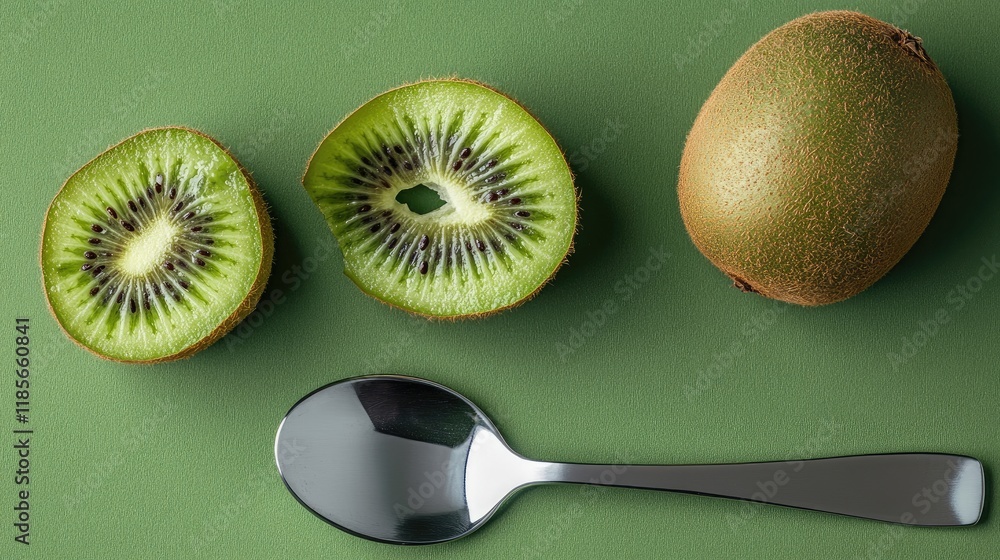 Poster cross section of ripe kiwi fruit with slices and spoon on green background displaying vibrant colors