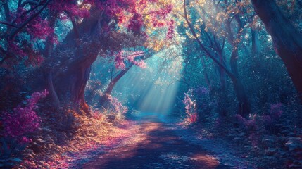 Obraz premium Magical enchanted forest trail with vibrant colors and sunlight creating an ethereal atmosphere for a serene nature escape