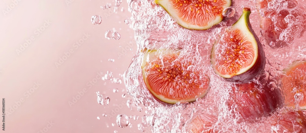 Poster fresh ripe figs splashing into water with pink background and space for branding or text showcasing 