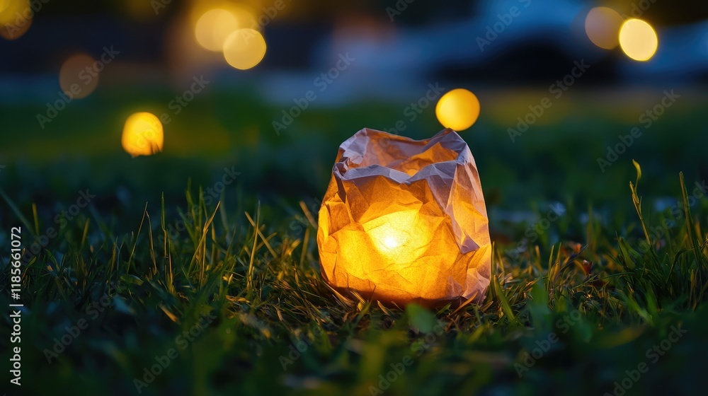Poster crumpled brown paper lantern illuminated by solar light on grass at dusk with soft glowing backgroun