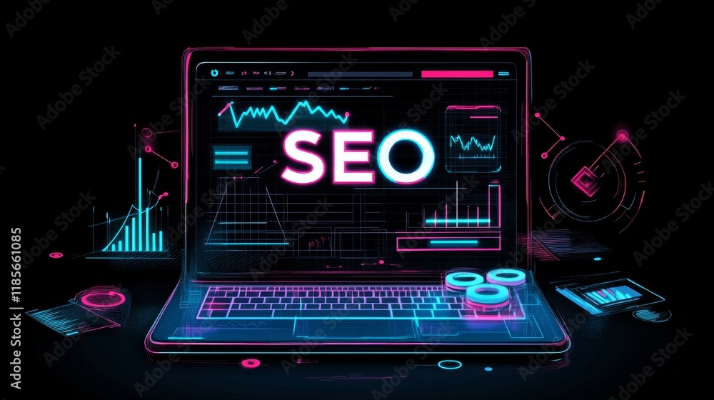 Poster seo analysis techniques and strategies digital marketing infographic virtual environment front view 