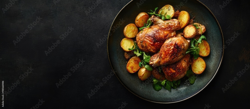 Poster roasted chicken with crispy potatoes on a dark plate featuring empty space for custom text or brandi