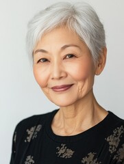 Fototapeta premium Smiling elderly Asian woman with short white hair wearing black top looking confidently at the camera against a clean white background