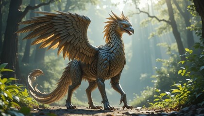 mythical creature dragons and griffin in misty forest; suitable for fantasy book covers, gaming backgrounds, and mythical creature designs.