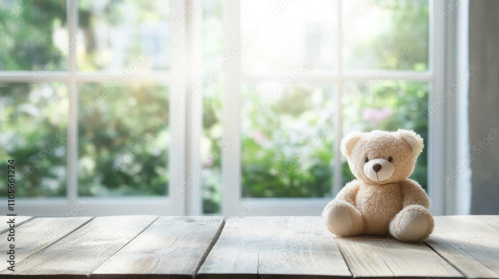 Poster soft teddy bear on an empty wooden table with blurred window and lush garden background for display 