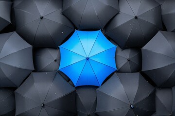 A bright blue umbrella stands out amidst a group of darker umbrellas, creating a striking contrast. Concept of individuality and uniqueness. Ai generative