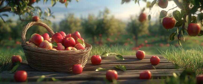 Basket of ripe red apples in orchard.