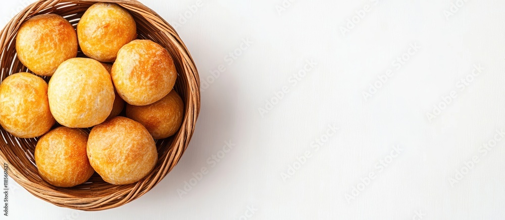 Poster freshly baked round breads in a wicker basket on white background with ample space for text ideal fo