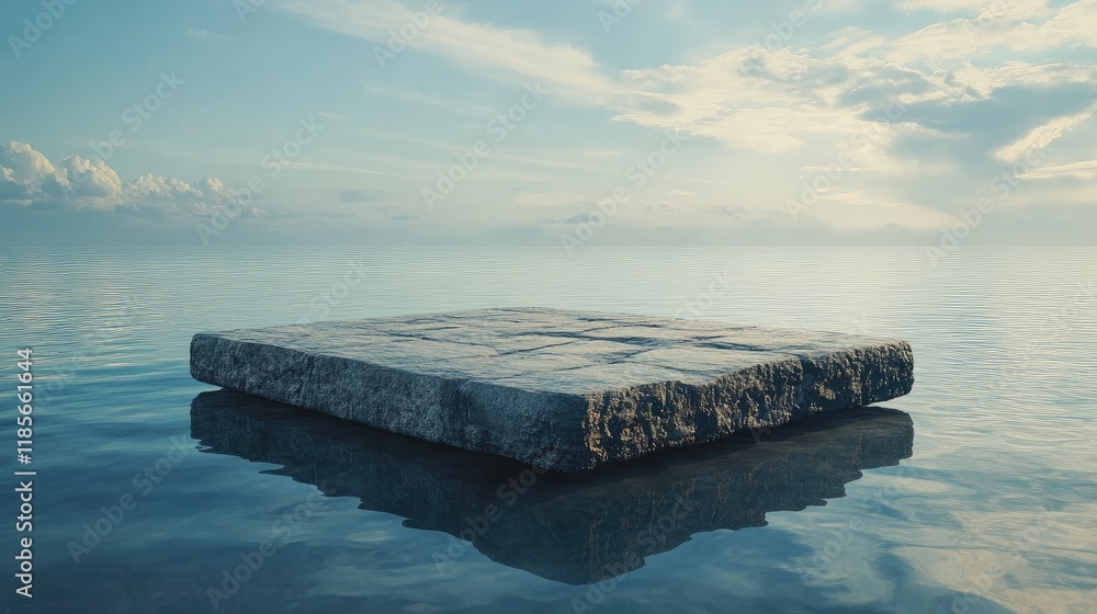 Poster serene floating rectangular stone platform on tranquil ocean reflecting distant clouds and sky hues