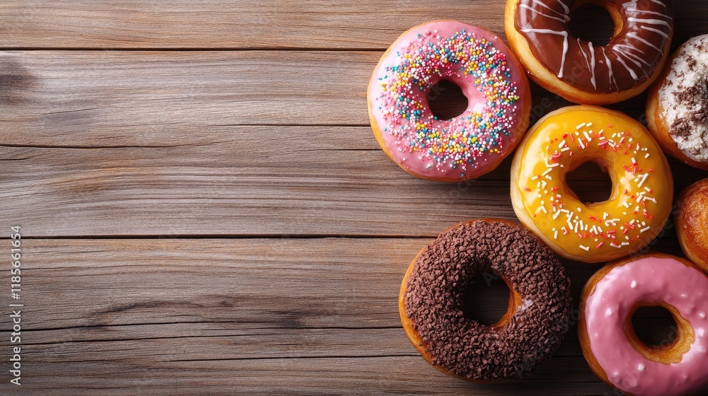 Aufkleber delicious assorted donuts with colorful toppings arranged on a rustic wooden background for a tempti