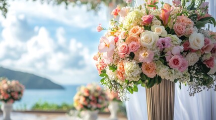 Elegant floral arrangements set against a stunning coastal backdrop enhancing the beauty of a picturesque outdoor venue