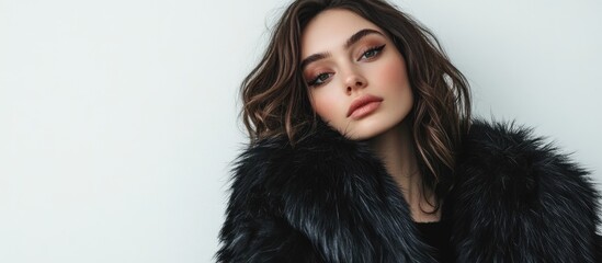 Brunette woman in luxurious black fur coat against clean white background creating ample copyspace for stylish fashion advertising or editorial use