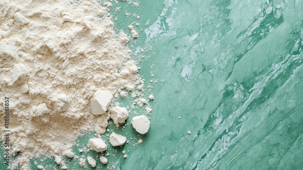 Poster crusty face powder on a marble surface with a soft green background and ample copy space for product