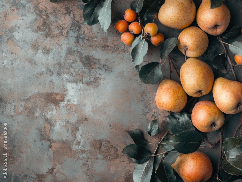 Poster fresh pear harvest composition on rustic background with green leaves and copyspace for text in warm
