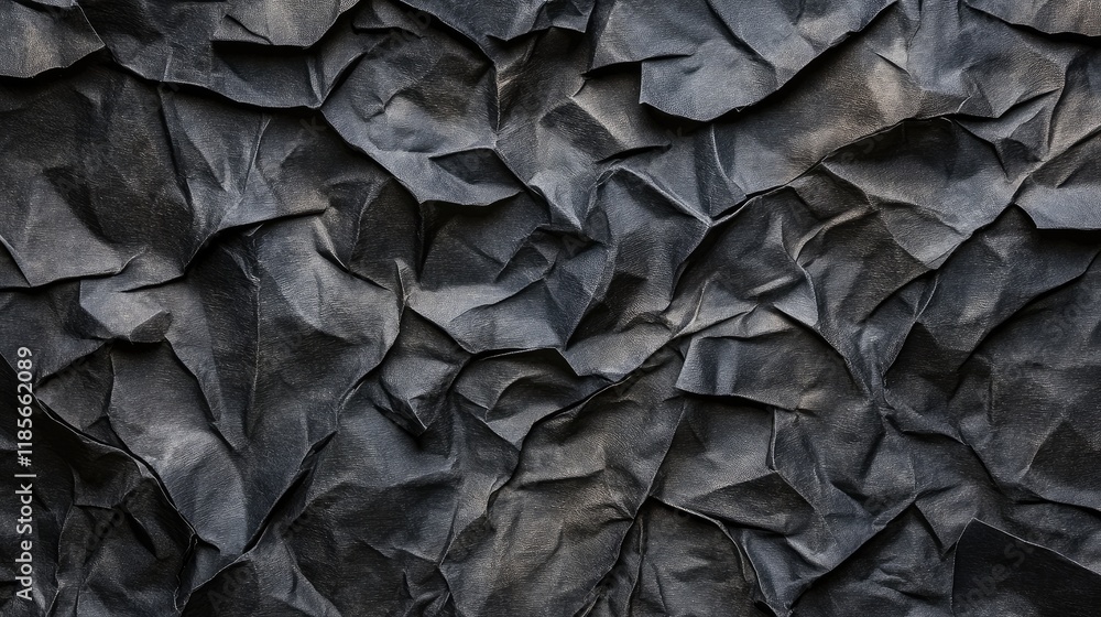 Poster crumpled black paper texture with intricate folds and high details for artistic and design backgroun