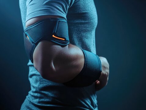 Athletic man wearing an elbow pad brace inspecting it in a dark blue healthcare environment with soft lighting and empty space for text.