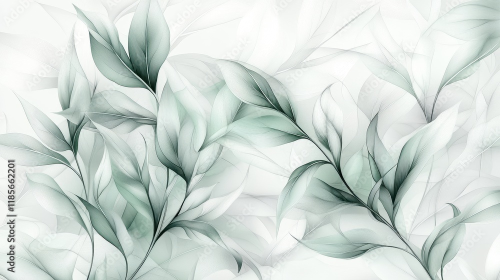 Poster delicate green leaf patterns nature abstract art minimalist design serene environment close-up viewp