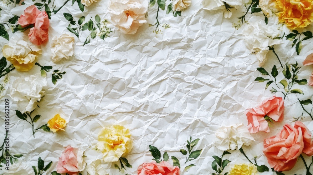 Poster crumpled white paper surrounded by colorful floral elements creating a textured and vibrant backgrou