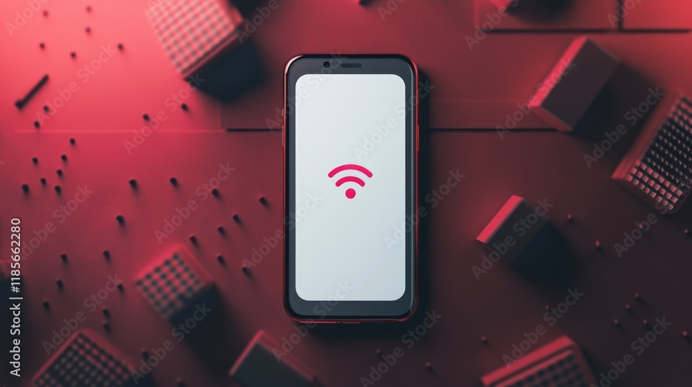 Poster mobile phone displaying voice recognition app on blank screen with wireless symbol surrounded by red