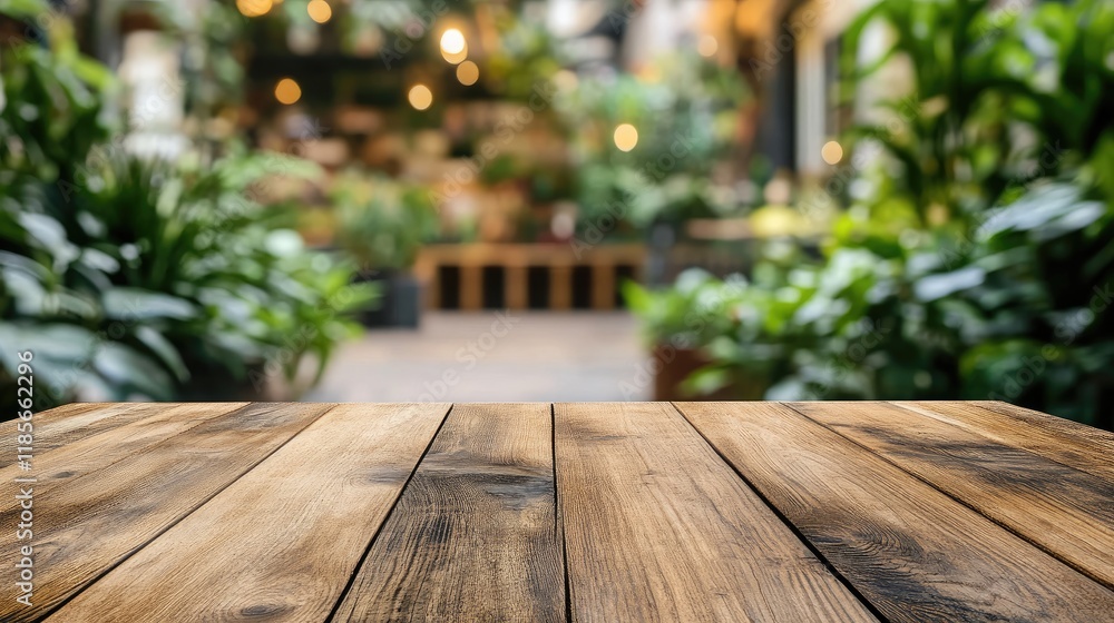 Poster empty rustic wooden tabletop ideal for natural product display in lush greenery setting