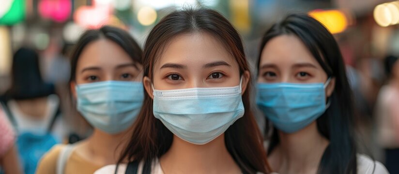 Three Asian women wearing blue sanitary masks standing close together in a vibrant urban setting with blurred colorful lights in the background, emphasizing health and safety during the Covid-19 pande