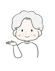 注目して欲しいところを手で示すかわいいおばあちゃん
