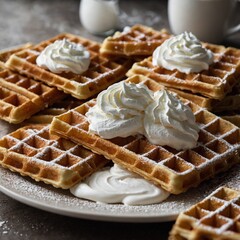 Take a close-up of golden, crispy waffles with whipped cream.