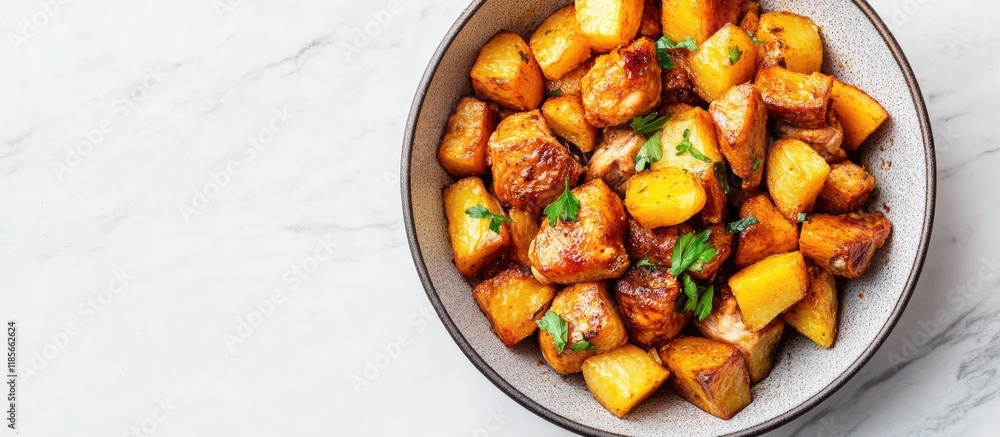 Aufkleber roasted chicken with golden potatoes served in a bowl on a marble countertop with space for customiz