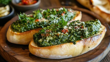Savory Pesto Sandwiches Garnished with Fresh Herbs on Rustic Wooden Plate