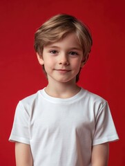 Cute Caucasian boy with smooth skin wearing a white t-shirt against a vibrant red background, calm expression and empty space for text.