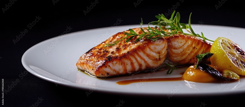 Poster grilled salmon fillet served with herbs and roasted lemon on a plate with ample space for text showc
