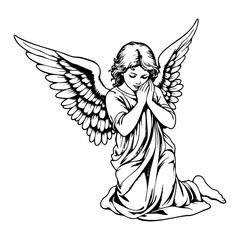 woman angel kneeling sketch engraving black and white outline. Scratch board imitation.  illustrated in vintage line art style on a white background.
