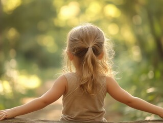 Little girl with blonde hair standing with arms outstretched in a sunlit green park surrounded by nature, soft bokeh background and ample copy space.
