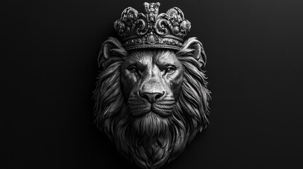 Majestic lion adorned with a royal crown symbolizing strength and authority in a dramatic black and white setting.