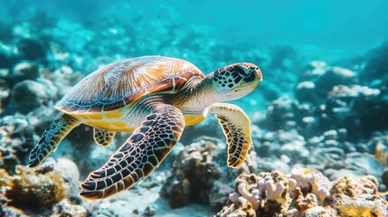 Obraz premium Underwater View of Sea Turtle Swimming Through Vibrant Coral Reef in Tropical Ocean Setting