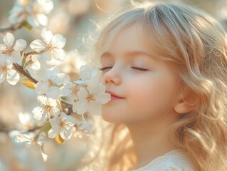 Fototapeta premium Joyful little girl with closed eyes smelling delicate white blossoms on blooming bird cherry tree in soft sunlight, serene garden setting with blurred background.